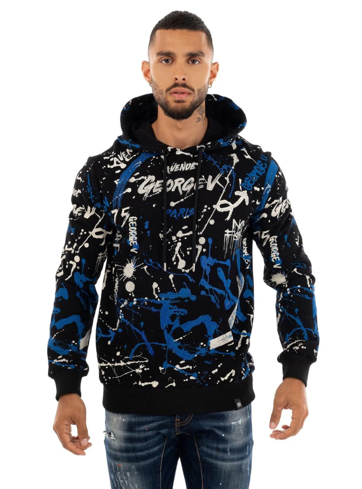 George V Hoodie - Splatter Paint - Black And Blue - GV2419 1 George V Hoodie - Splatter Paint - Black And Blue - GV2419