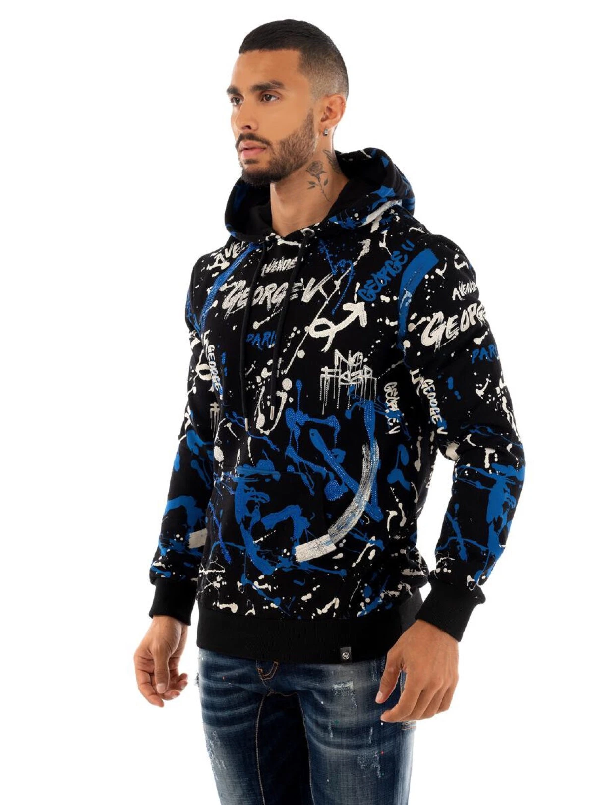 George V Hoodie - Splatter Paint - Black And Blue - GV2419 2 George V Hoodie - Splatter Paint - Black And Blue - GV2419 - Image 2
